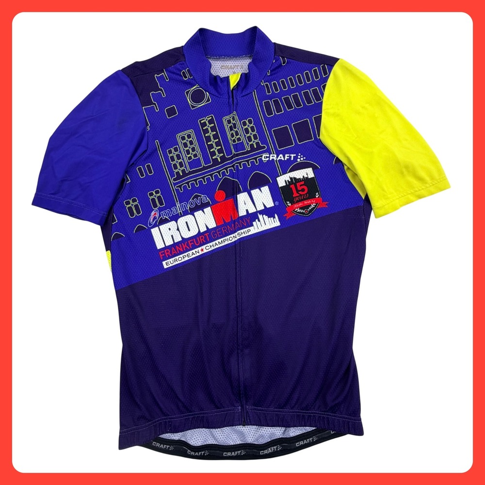Craft Ironman Frankfurt Germany Cycling Jersey Men MEDIUM Blue Yellow Full Zip